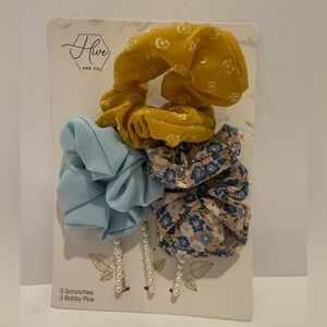 HIVE AND CO. 3 HAIR SCRUNCHIES & 3 BOBBY PINS.